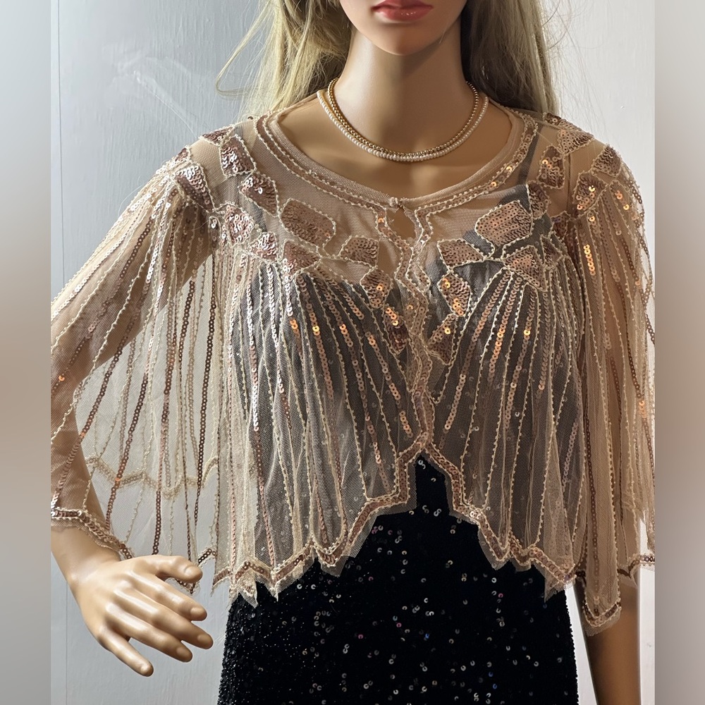 Sequin Embellished Fringed Cape